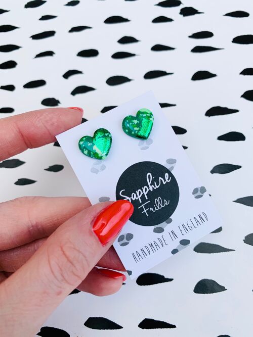 Small Green Speckle Heart Stud Earrings - Surgical Steel Stud