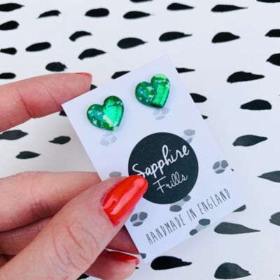 Boucles d'Oreilles Petit Coeur Vert Moucheté - Goujon Acier Chirurgical