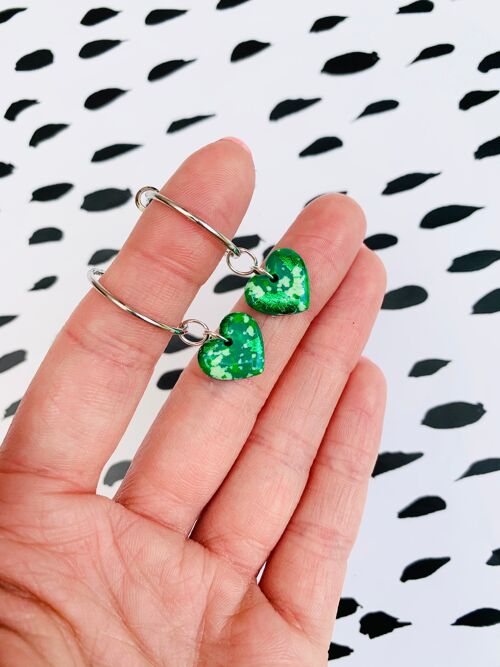 Small Green Speckle Heart Earrings - 2cm Silver Colour Hoop