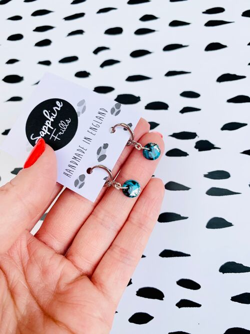 Mini Turquoise and Black Marble Circle Earrings - 1cm Silver Colour Hoop