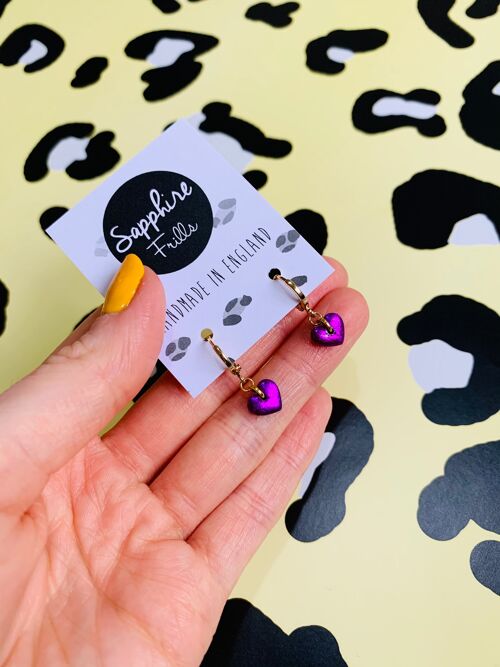 Mini Purple Foil Heart Earrings - 1cm Gold Colour Hoop