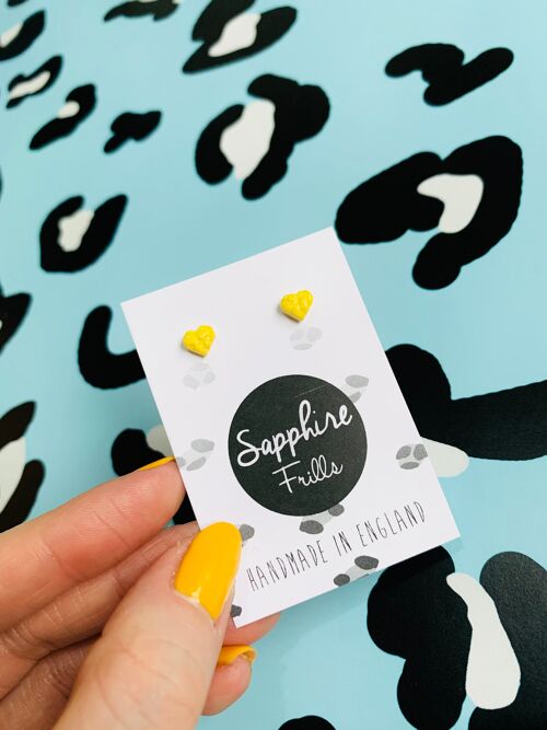 Micro Lemon Yellow Ditzy Leopard Print Heart Stud Earrings - Surgical Steel Stud