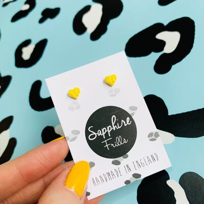 Micro Lemon Yellow Ditzy Leopard Print Heart Stud Earrings - Surgical Steel Stud