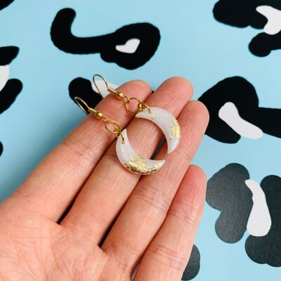 Medium Translucent White Glitter with Gold Foil Moon Earrings - Gold Colour Hook