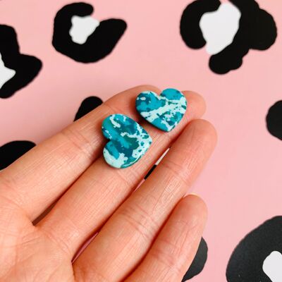 Medium Teal and Mint Speckle Heart Stud Earrings - Surgical Steel Stud