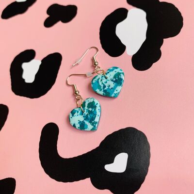 Medium Teal and Mint Speckle Heart Earrings - Surgical Steel Hook