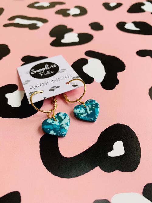 Medium Teal and Mint Speckle Heart Earrings - 2cm Gold Colour Hoop