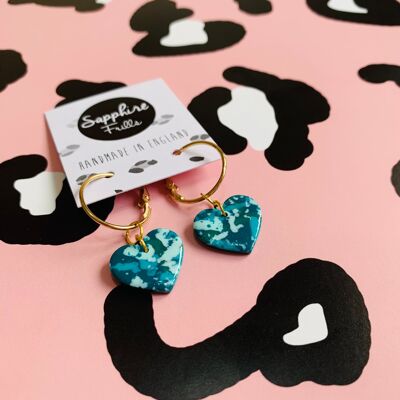 Medium Teal and Mint Speckle Heart Earrings - 2cm Gold Colour Hoop