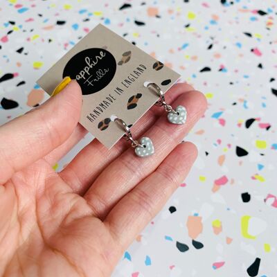 Mini Pastel Grey Polka Dot Heart Earrings - 1cm Silver Colour Hoop