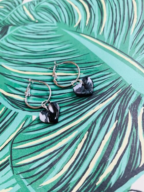 Small Black and White Marble Heart Earrings - 2cm Silver Colour Hoop