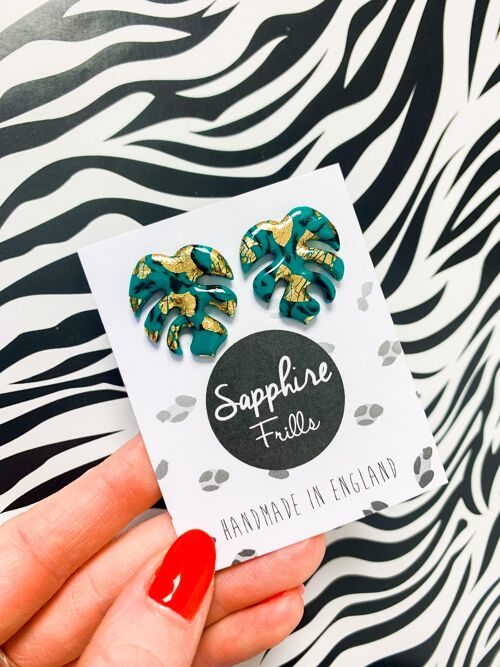Emerald and Gold Marble Monstera Leaf Stud Earrings - Surgical Steel Stud