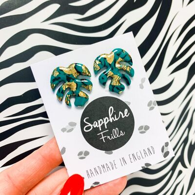 Emerald and Gold Marble Monstera Leaf Stud Earrings - Surgical Steel Stud