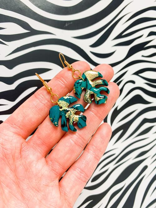 Emerald and Gold Marble Monstera Leaf Earrings - Gold Colour Hook