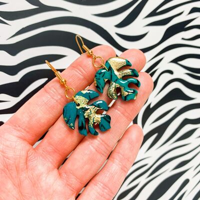 Emerald and Gold Marble Monstera Leaf Earrings - Gold Colour Hook