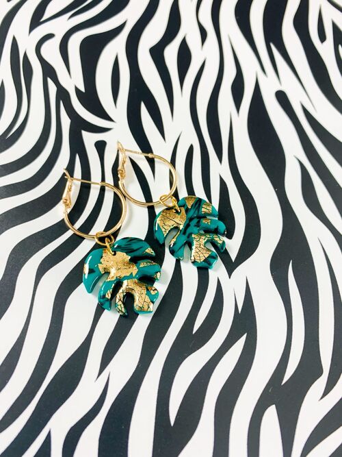 Emerald and Gold Marble Monstera Leaf Earrings - 2cm Gold Colour Hoop