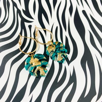 Emerald and Gold Marble Monstera Leaf Earrings - 2cm Gold Colour Hoop