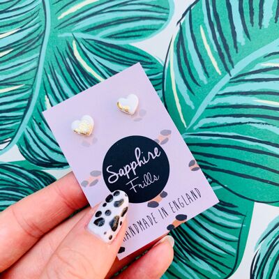 Mini White and Gold Heart Stud Earrings - Surgical Steel Stud