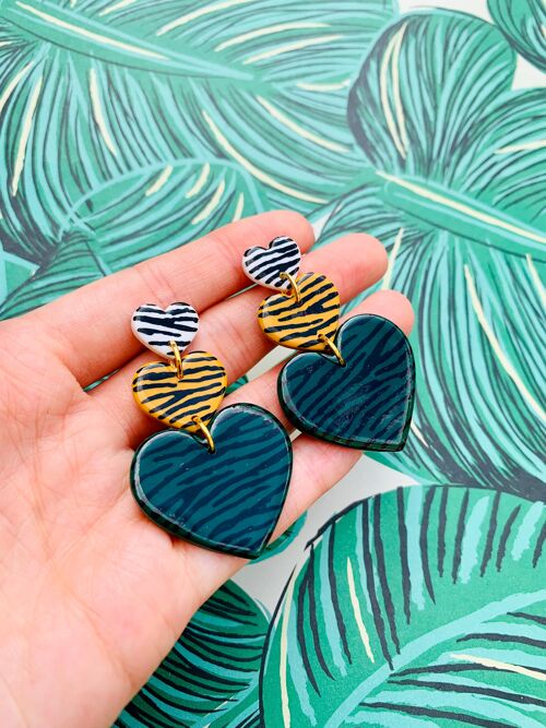 Dark Green, Mustard and White Zebra Print Heart Trio Dangle Earrings - Surgical Steel Stud