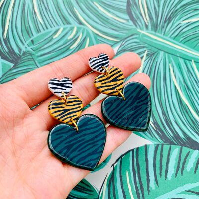 Dark Green, Mustard and White Zebra Print Heart Trio Dangle Earrings - Surgical Steel Stud