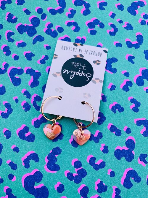 Small Translucent Rose Gold Smudge Print Heart Earrings - 2cm Rose Gold Colour Hoop