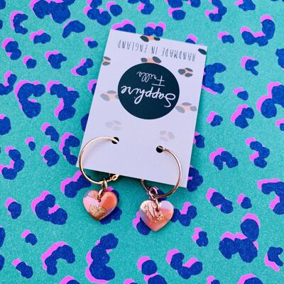 Small Translucent Rose Gold Smudge Print Heart Earrings - 2cm Rose Gold Colour Hoop