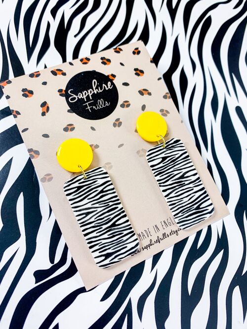 Yellow and White Zebra Print Rectangle Dangle Earrings - Surgical Steel Hoop