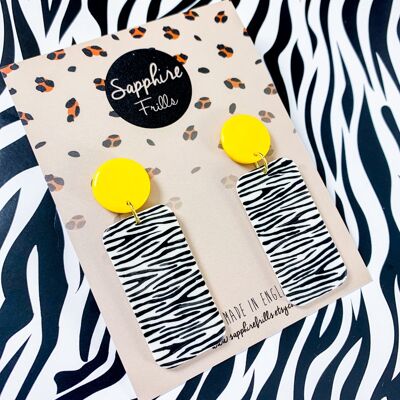Yellow and White Zebra Print Rectangle Dangle Earrings - Surgical Steel Hoop