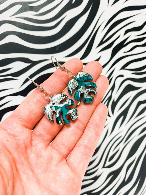 Emerald and Silver Marble Monstera Leaf Earrings - Surgical Steel Hook