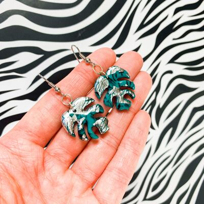 Emerald and Silver Marble Monstera Leaf Earrings - Surgical Steel Hook