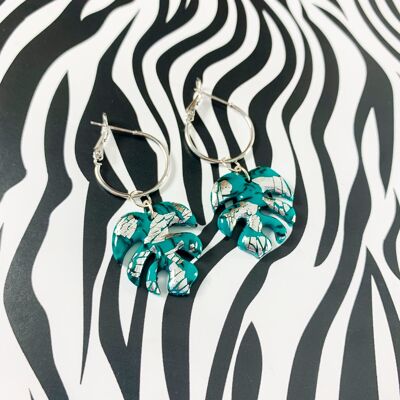 Emerald and Silver Marble Monstera Leaf Earrings - 2cm Silver Colour Hoop