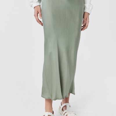 CATHY Long Midi Satin Skirt With Elastic Waistband in Green