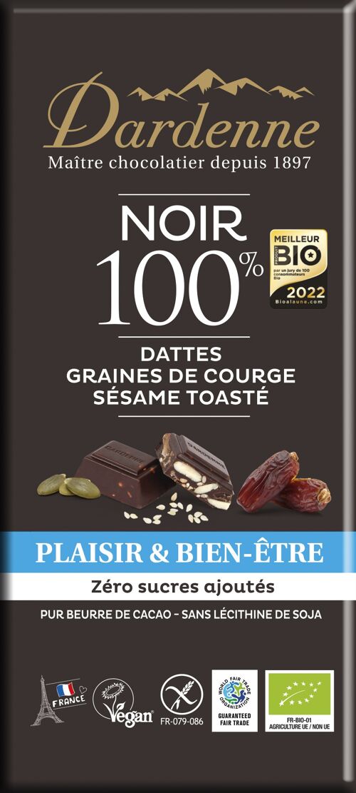 Tablette NOIR 100%  dattes, graines de courge, sésame toasté-zéro sucres ajoutés-100g - MEILLEUR PRODUIT BIO -