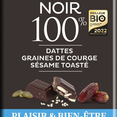 Tablette NOIR 100%  dattes, graines de courge, sésame toasté-zéro sucres ajoutés-100g - MEILLEUR PRODUIT BIO -