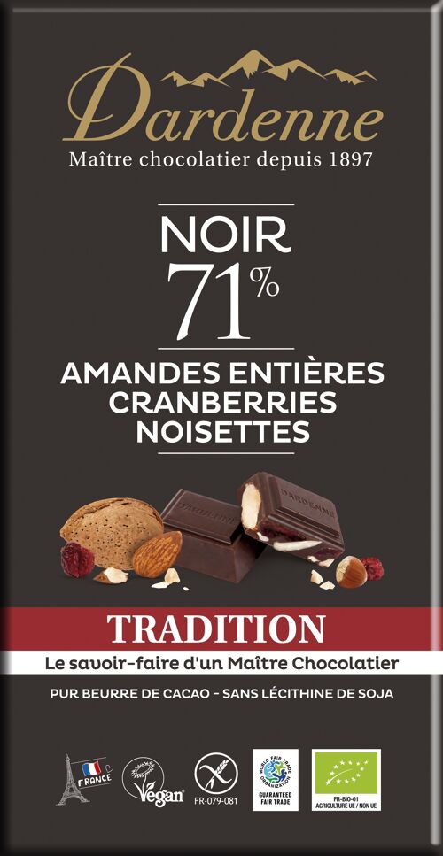Tablette Chocolat Noir Amandes entières- Cranberries-Noisettes Tradition 180g
