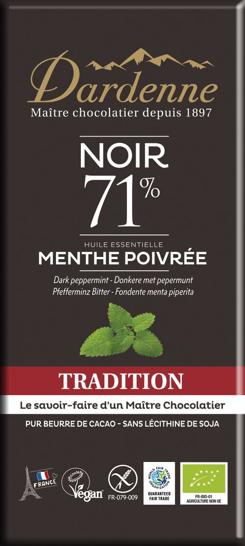 Tablette Chocolat Noir 71% Tradition aux Huiles Essentielles Menthe Poivrée 70g