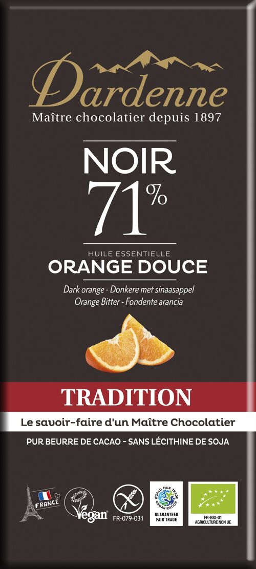 Tablette Chocolat Noir 71% Tradition aux Huiles Essentielles Orange Douce 70g