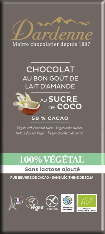 Tablette Chocolat 100% VEGETAL au Sucre de Coco 100g