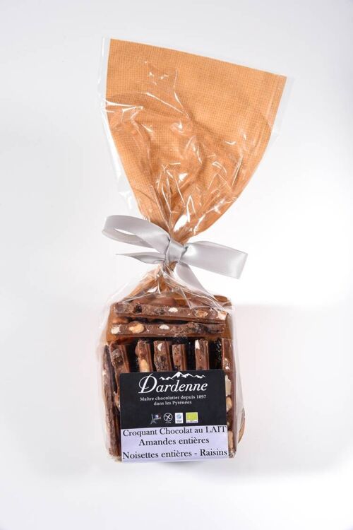 Croquants chocolat LAIT 47%-Noisettes entières-Amandes entières-Raisins 180g