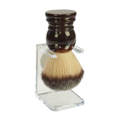 Shaving brush holder, clear plastic with shaving brush synthetic hair, Havana handle