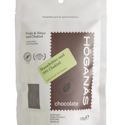 Nocciole Tostate Ricoperte di Cioccolato Fondente 70%.