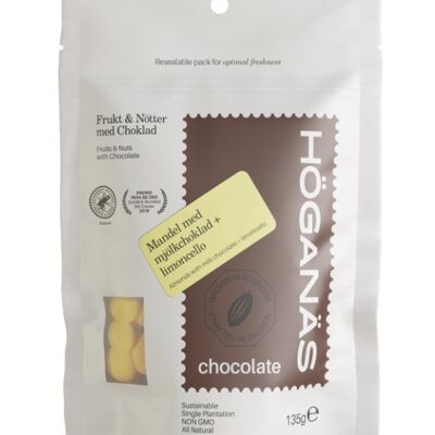 Geröstete Mandeln umhüllt von 36 % Milchschokolade + „Limoncello“-Pulver
