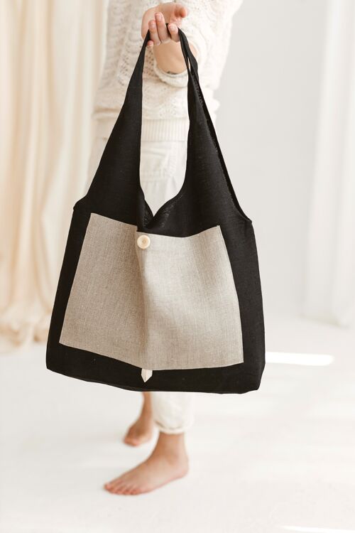 Linen Reusable Shopping Bag • Foldable Handmade Tote BLACK & NATURAL LINEN