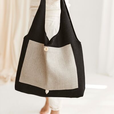 Linen Reusable Shopping Bag • Foldable Handmade Tote BLACK & NATURAL LINEN