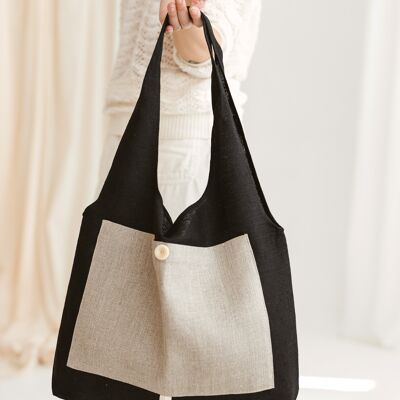 Linen Reusable Shopping Bag • Foldable Handmade Tote BLACK & NATURAL LINEN