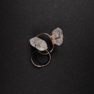 Handmade clear quartz crystal adjustable ring gold