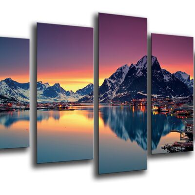 Holzkompositionsmalerei 5-teilig, Landschaft Lake Moskenes Sunset, Norwegen, 165 x 62 cm
