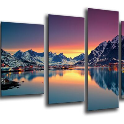 Tableau composition bois 5 parties, Paysage Lac Moskenes Coucher de soleil, Norvège, 165 x 62 cm