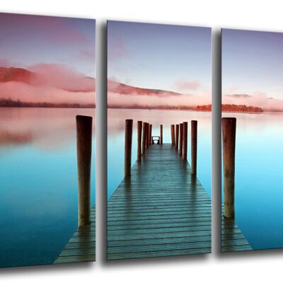 3-part wood composition painting, Derwentwater Lake Landscape, Sunset, 97 x 62 cm