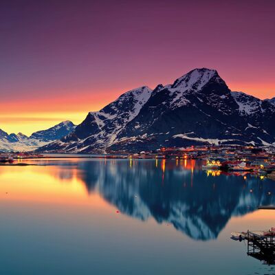 Wood painting Landscape Lake Moskenes Sunset, Norway, 63 x 29 cm