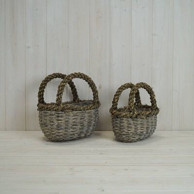 Set Of 2 Grey Retangular Willow Baskets With Handles 22.5cm